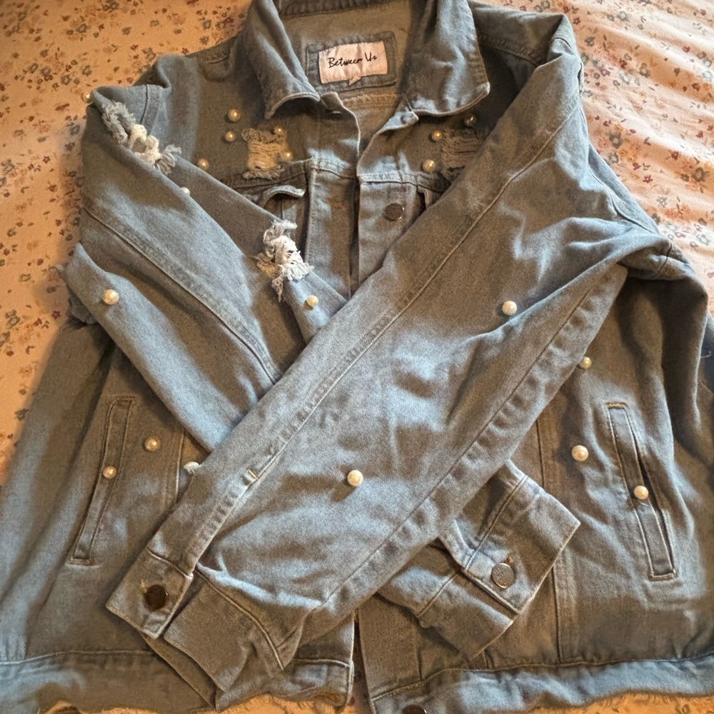 Distressed Denim Jacket with Pearl Accents